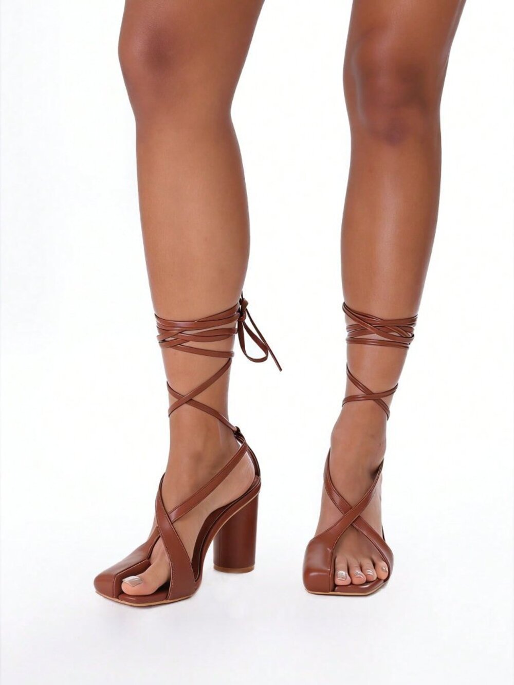 Brown Casual Women's Block Heel Open-Toe Sandals with Lace-Up Strap - Picture 4 of 8